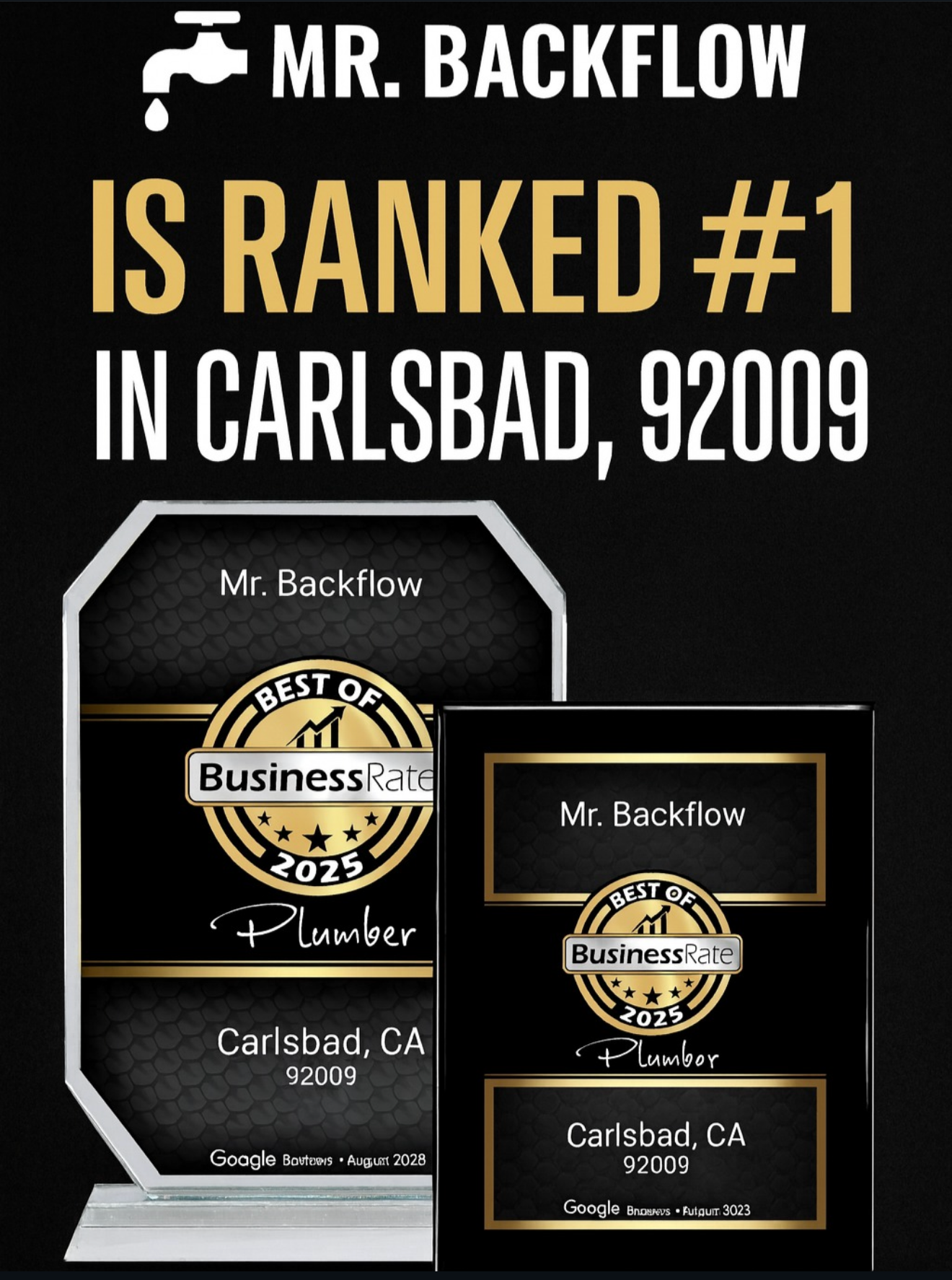 BusinessRate 2025 recognition naming Mr. Backflow the number one plumber in Carlsbad 92009