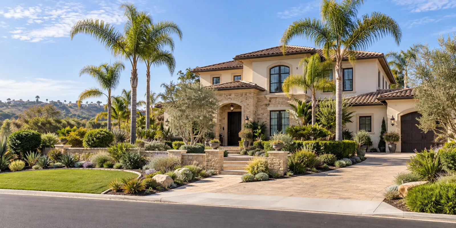 An upscale La Costa-inspired home surrounded by Southern California landscaping